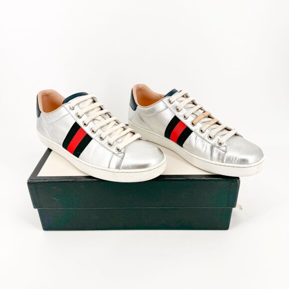 Gucci Ace Web Stripe Sneaker EU 38.5 US 8.5 Metallic Silver Leather Low Top Shoe - Picture 1 of 12